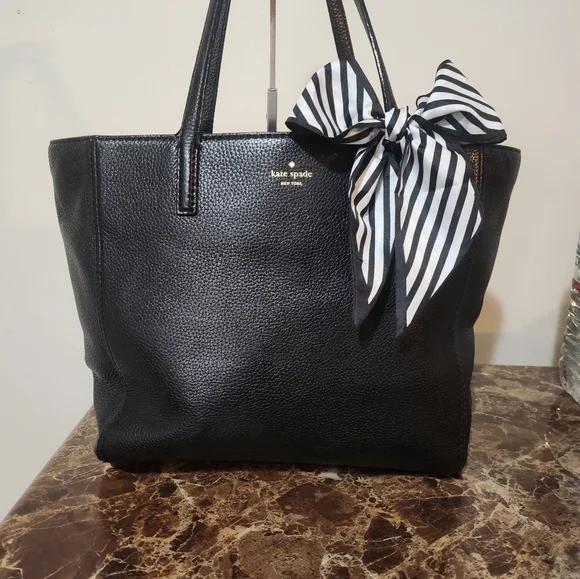 Kate Spade Black Pebble Leather Tote with Striped Bow GUC - Picture 7 of 16